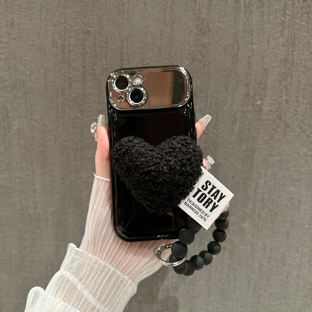 黑色大爱心银镜大视窗适用苹果15pro手机壳iPhone14pro包边13/12