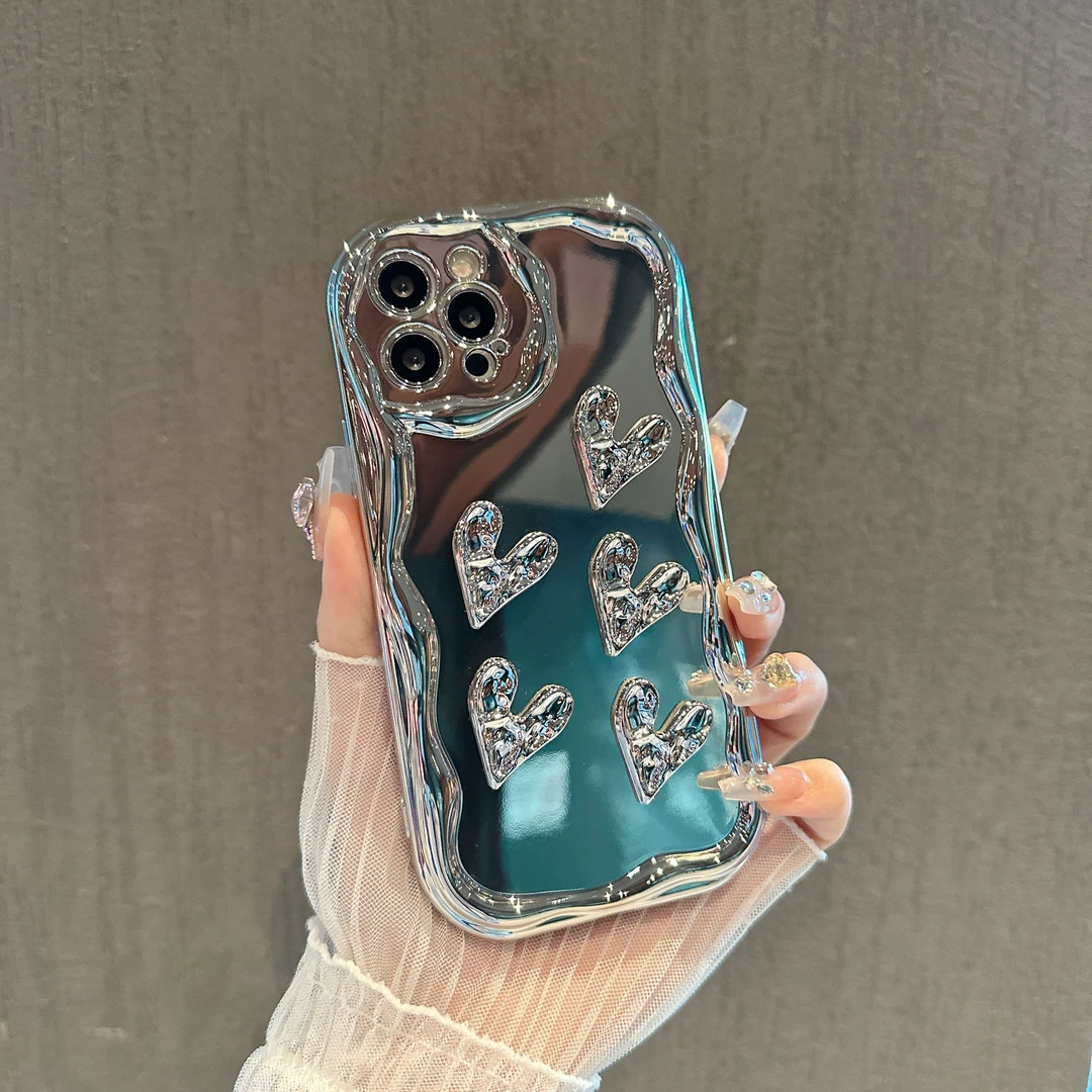 苹果12系列爱心贴件电镀曲边纹全包防摔手机壳ins风