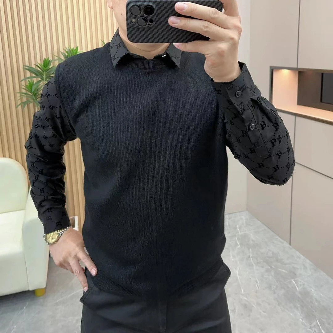 【阿昊轻奢男装】2023冬季防寒男士百搭轻奢植绒印花假两件毛衣8827