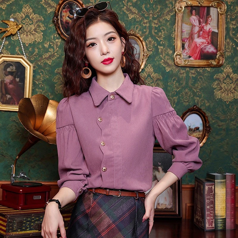 法式高级感女士衬衣秋冬2024新款翻领复古不规则磨毛衬衫长袖上衣