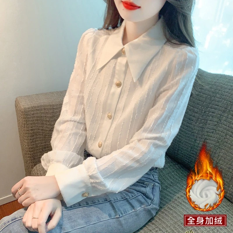 气质加绒长袖尖领白色衬衫女春秋2025秋冬季新款简约百搭上衣衬衣