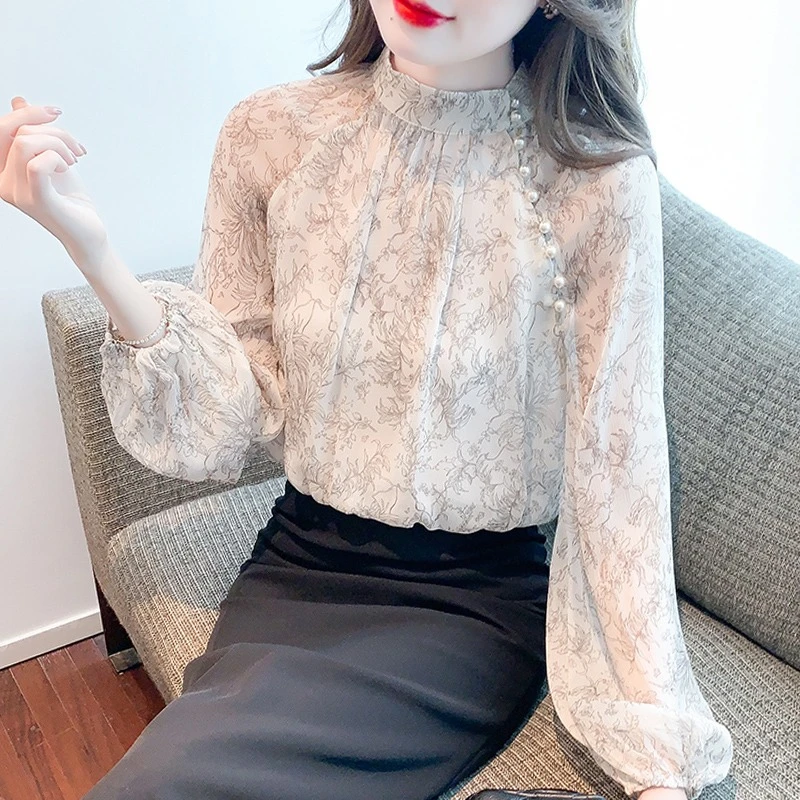 碎花雪纺衬衫女长袖秋装2024新款宽松气质设计感小衫立领钉珠上衣