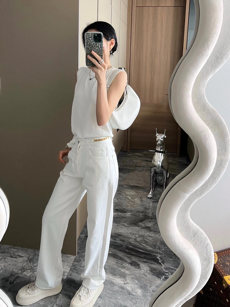 2025新设计感水洗简约金属链条阔腿牛仔裤K5013【玥】