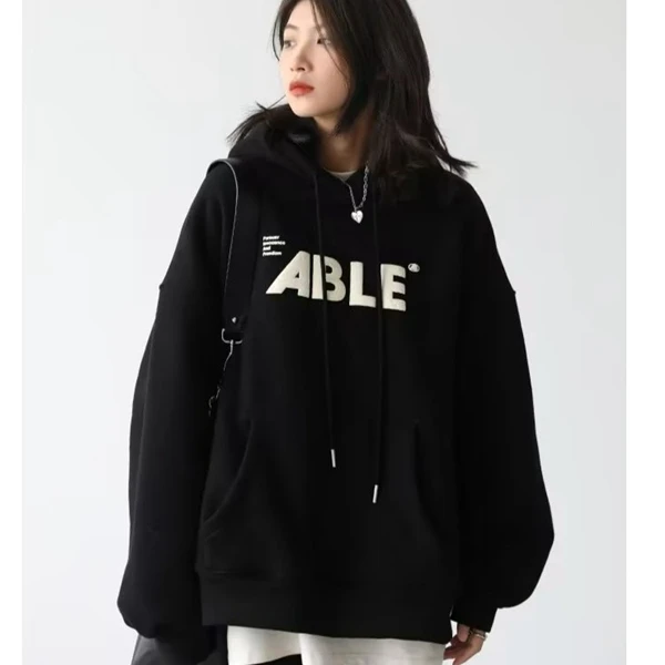 美式复古字母印花灰色连帽卫衣男女同款2023秋冬新款外套潮流卫衣