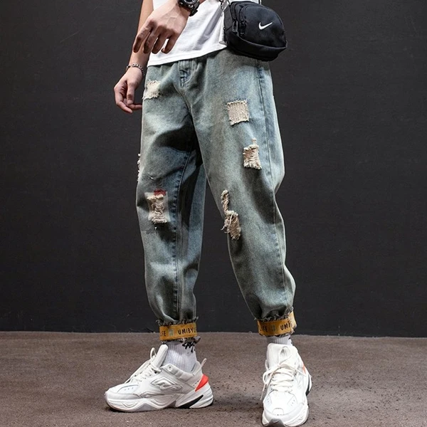 破洞牛仔裤男潮流2023新款秋季韩版宽松百搭做旧小脚工装束脚裤潮