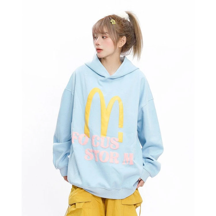 潮流美式复古麦当劳字母印花连帽卫衣女春秋季潮牌高街宽松上衣