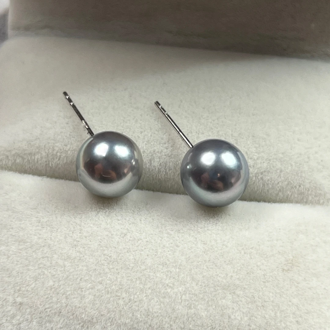 海水珍珠AKOYA真多麻耳钉18k金8-8.5mm天然色无调色正圆极强光