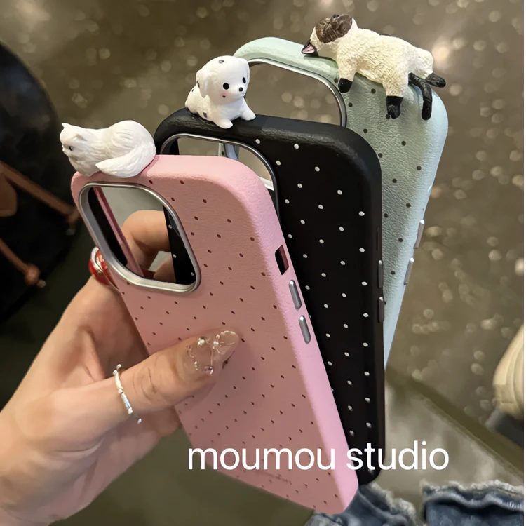 皮质波点立体猫咪狗狗适用于苹果16promax手机壳15趣味14个性13女