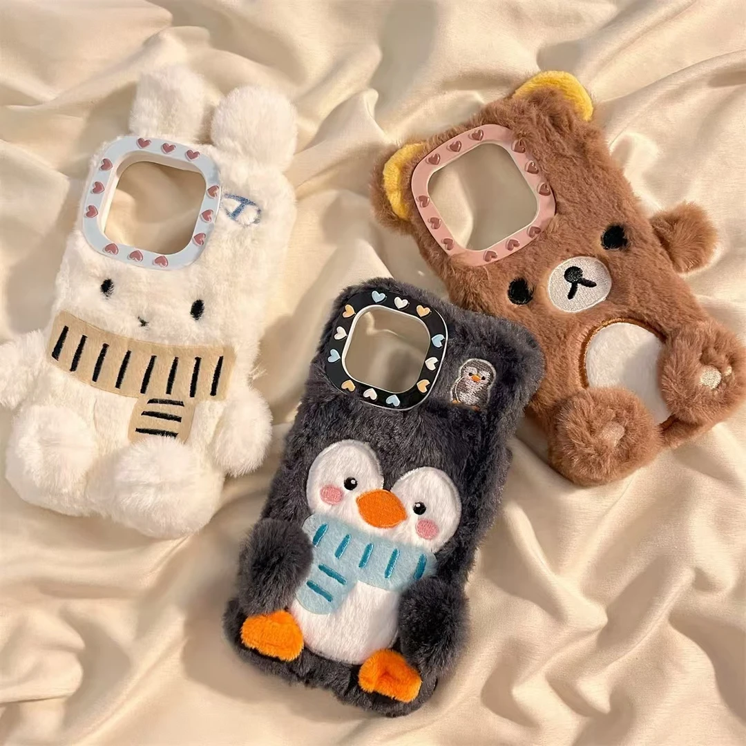 ins秋冬毛绒可爱围巾小兔小熊适用苹果16pro手机壳15少女心14创意