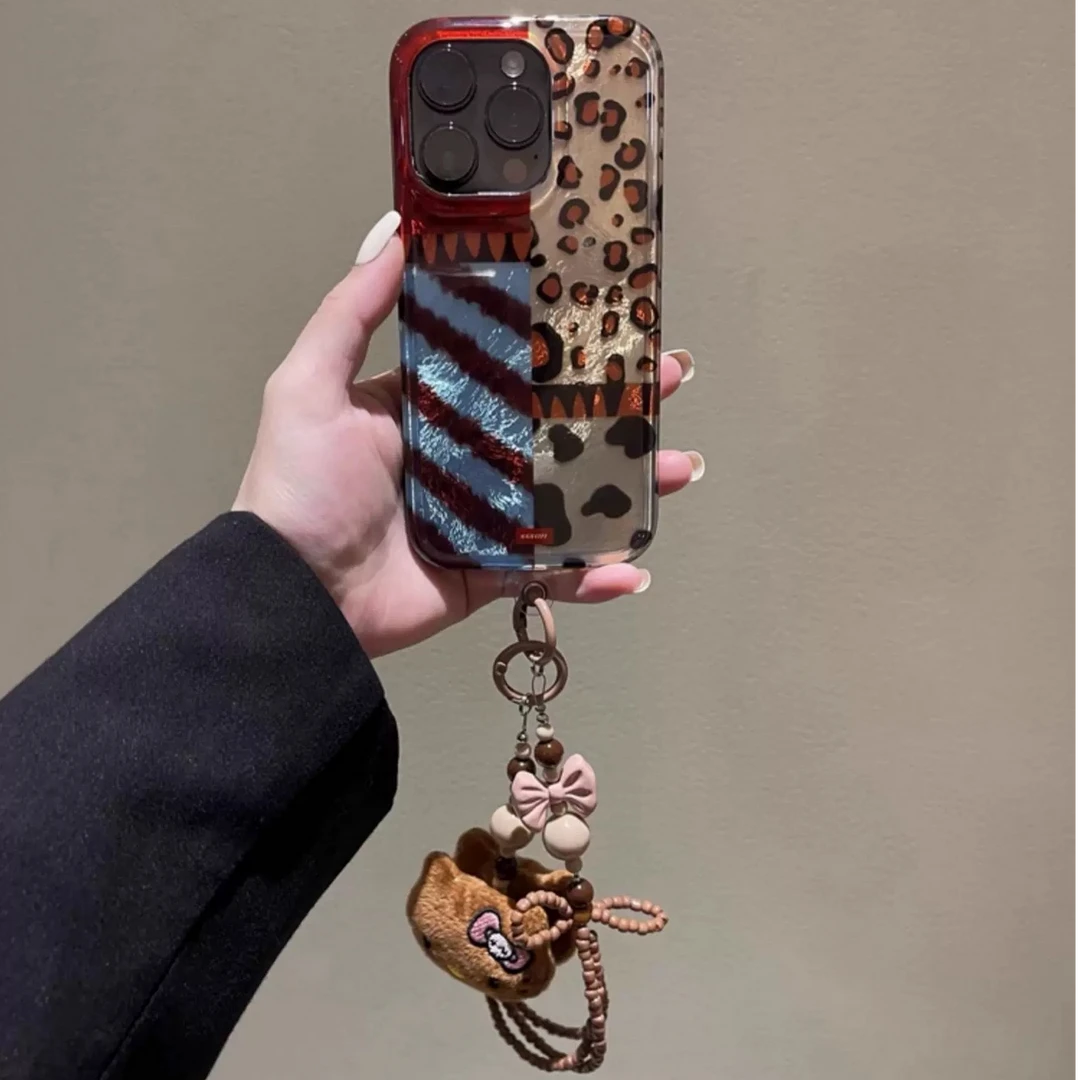 秋冬时髦复古拼接豹纹适用苹果16pro手机壳iPhone15链条14轻奢13