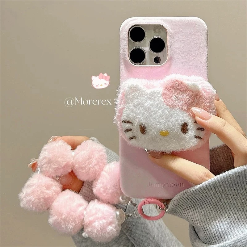 ins粉毛绒Kitty猫毛球挂绳适用苹果16promax手机壳15promax/1413