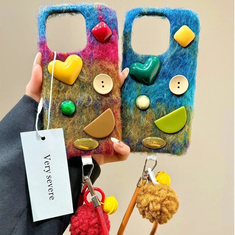 绒布立体纽扣爱心适用苹果16promax手机壳15pro手提14个性13高级