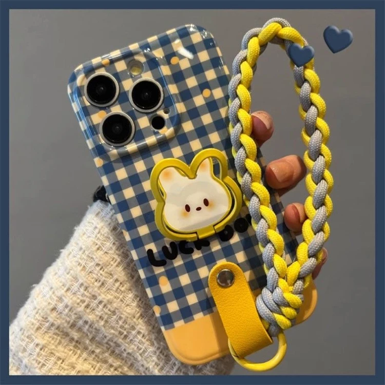 蓝色格子兔支架手提绳苹果15Promax手机壳iPhone14小众13pro简约