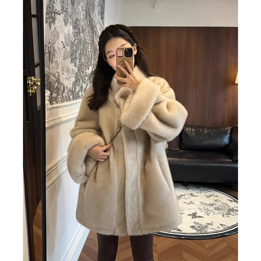 【红人上新】2024冬新款中古百搭仿貂毛外套女加厚上衣女冬立领挽袖