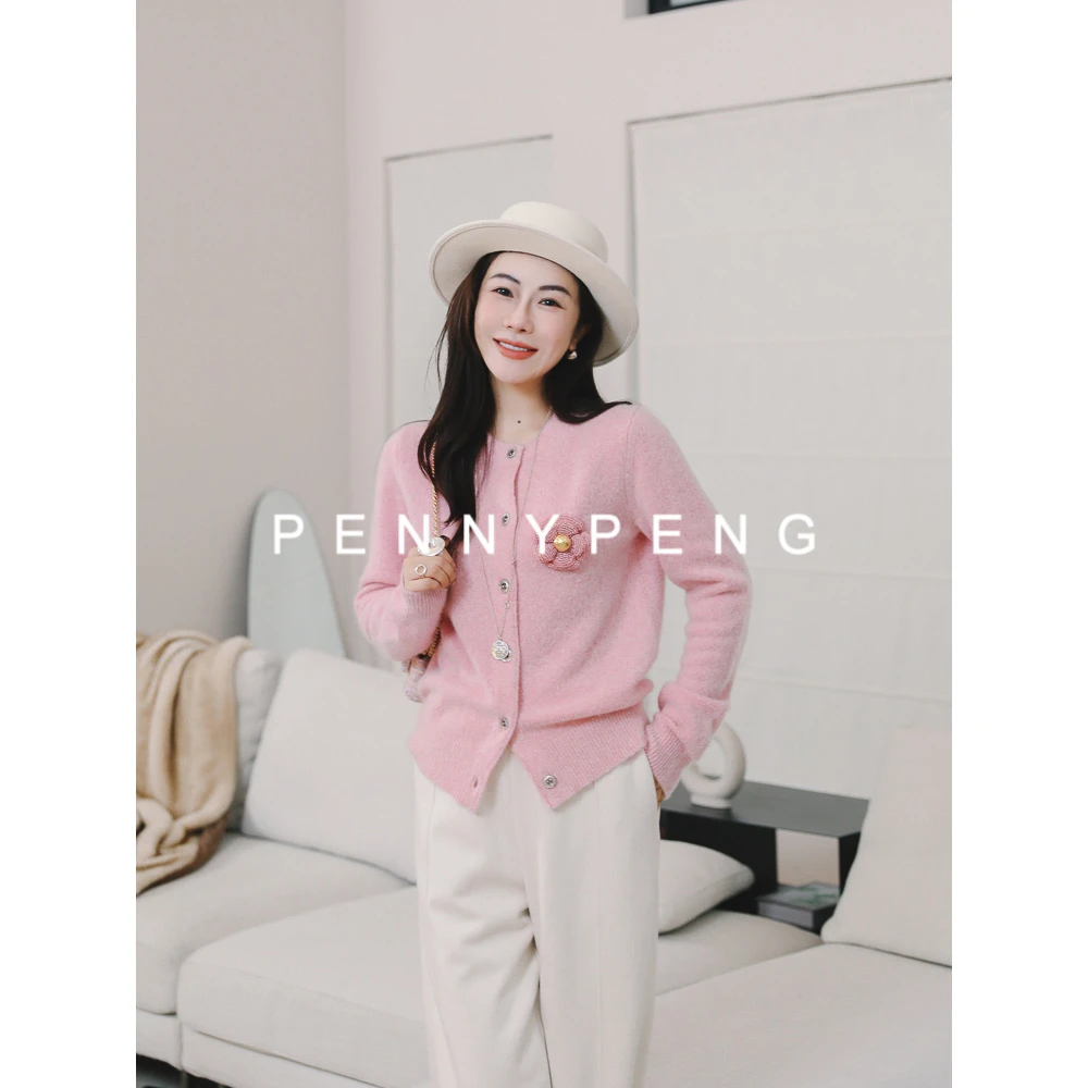 PENNY PENG 人间芍药 粉色圆领羊绒开衫DT09083