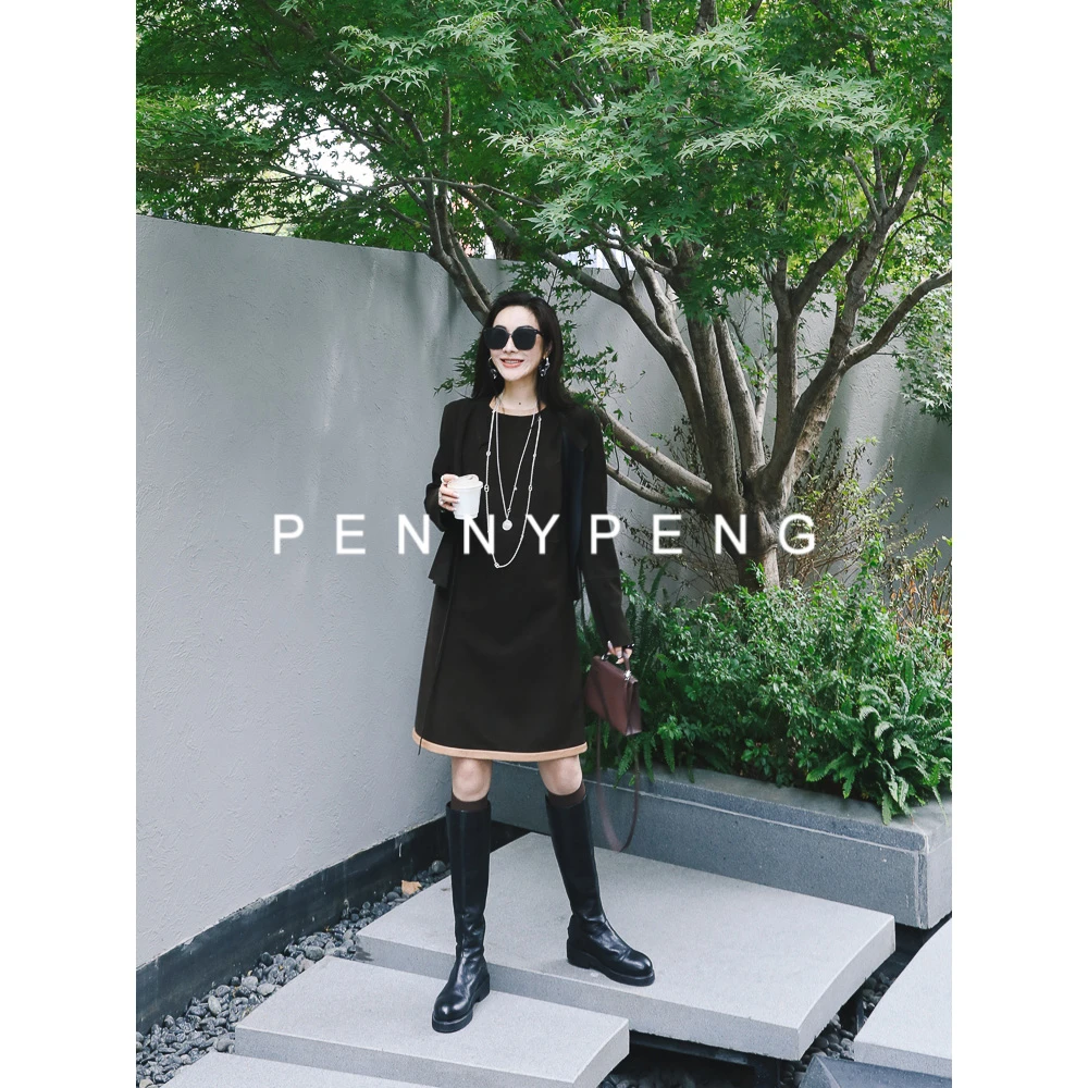 PENNY不期而遇早春黑色撞色皮背心裙/绑带皮上衣DT04127/DT04129