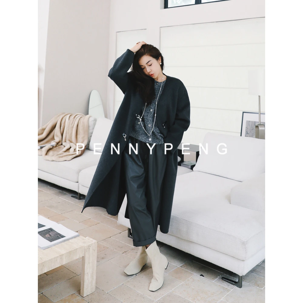 PENNYPENG柏林严冬冬季时尚深灰色显瘦V领金属扣羊绒长百搭大衣
