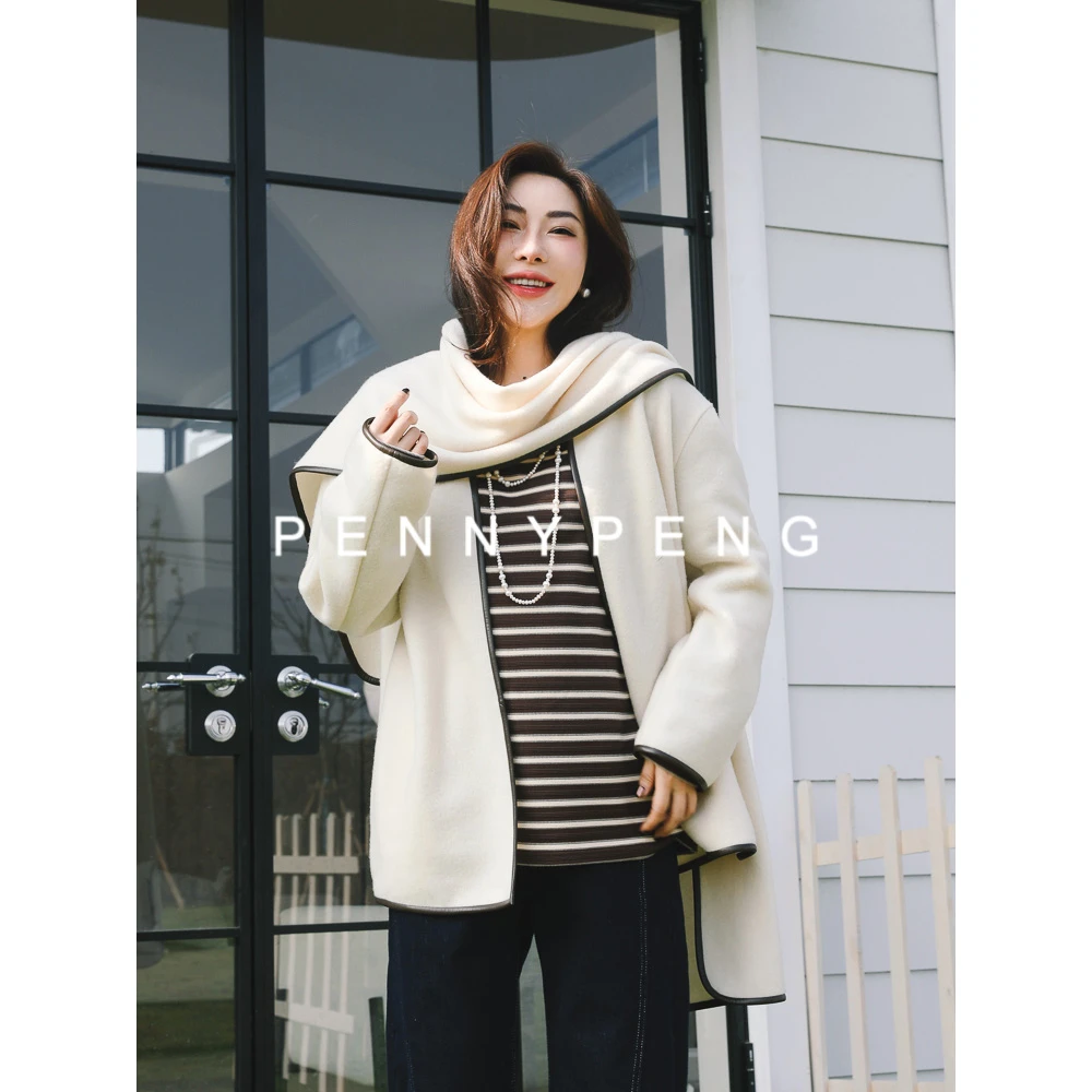 PENNYPENG神明少女【现货】早春休闲百搭米白色带围巾皮包边*毛外套