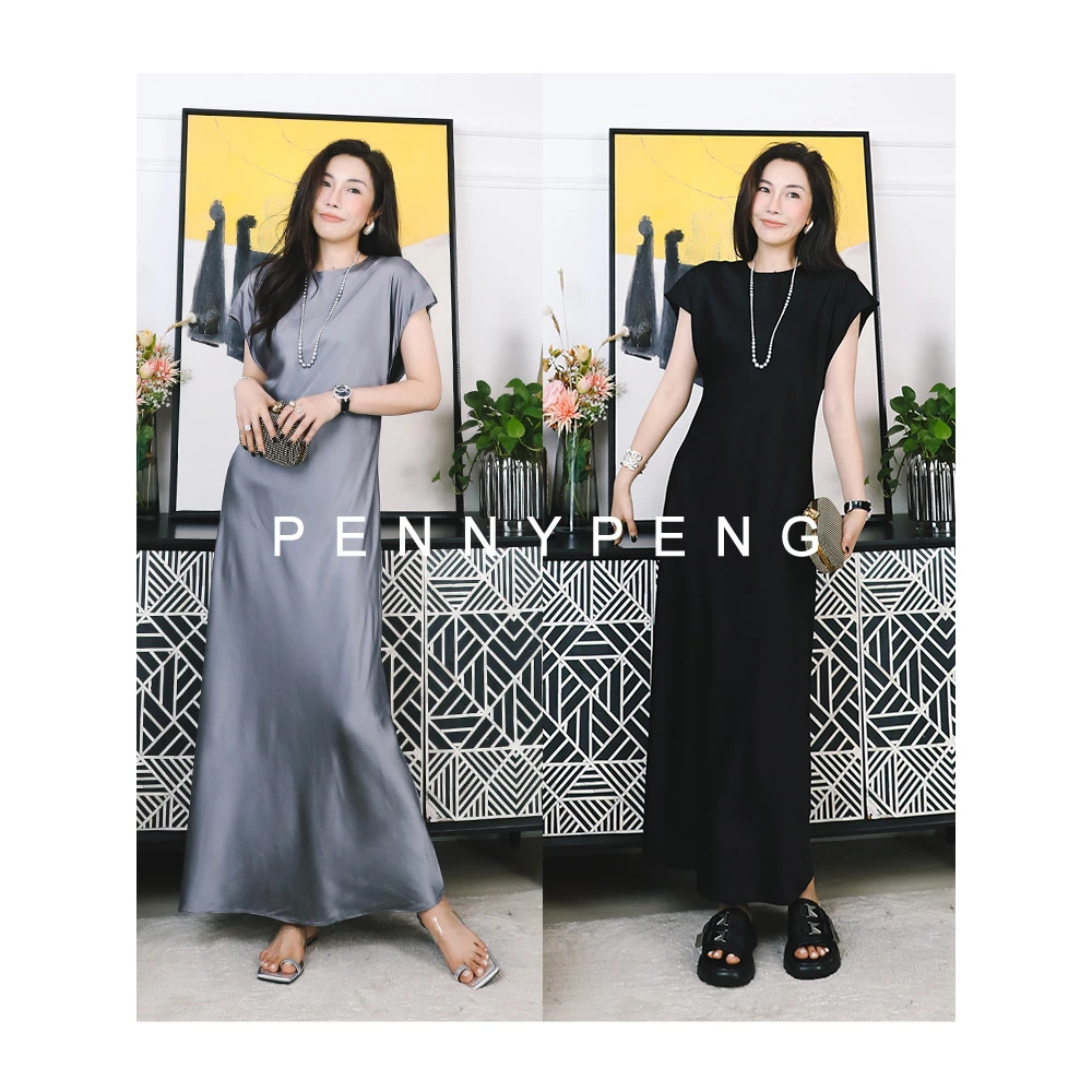 PENNYPENG雨后潘多拉早春时尚显瘦气质休闲两色圆领包肩袖连衣裙