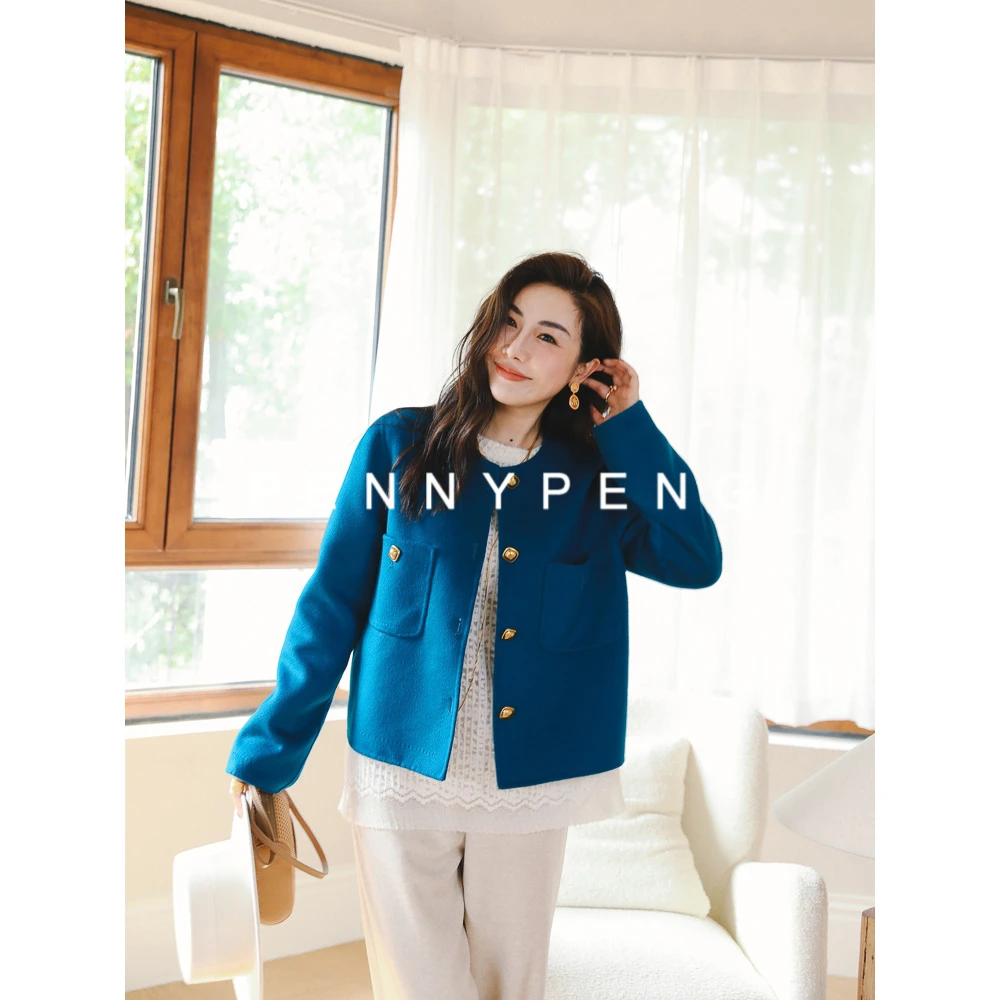 PENNYPENG理想蓝图气质早春宽松蓝色小香风双面呢时尚短款外套