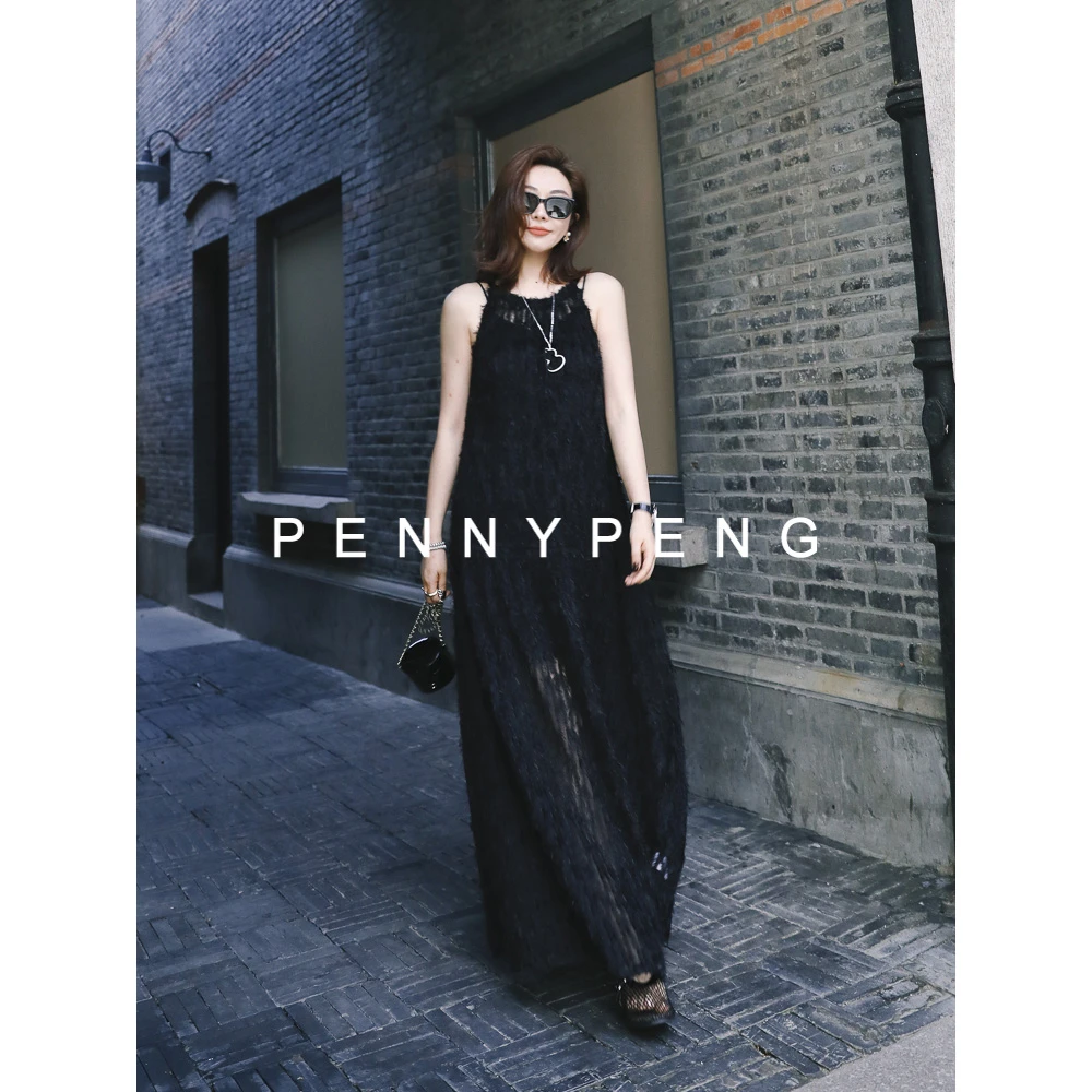 PENNY PENG “叁分烟雨”  夏季透视感剪花黑色宽松连衣裙 DF04050