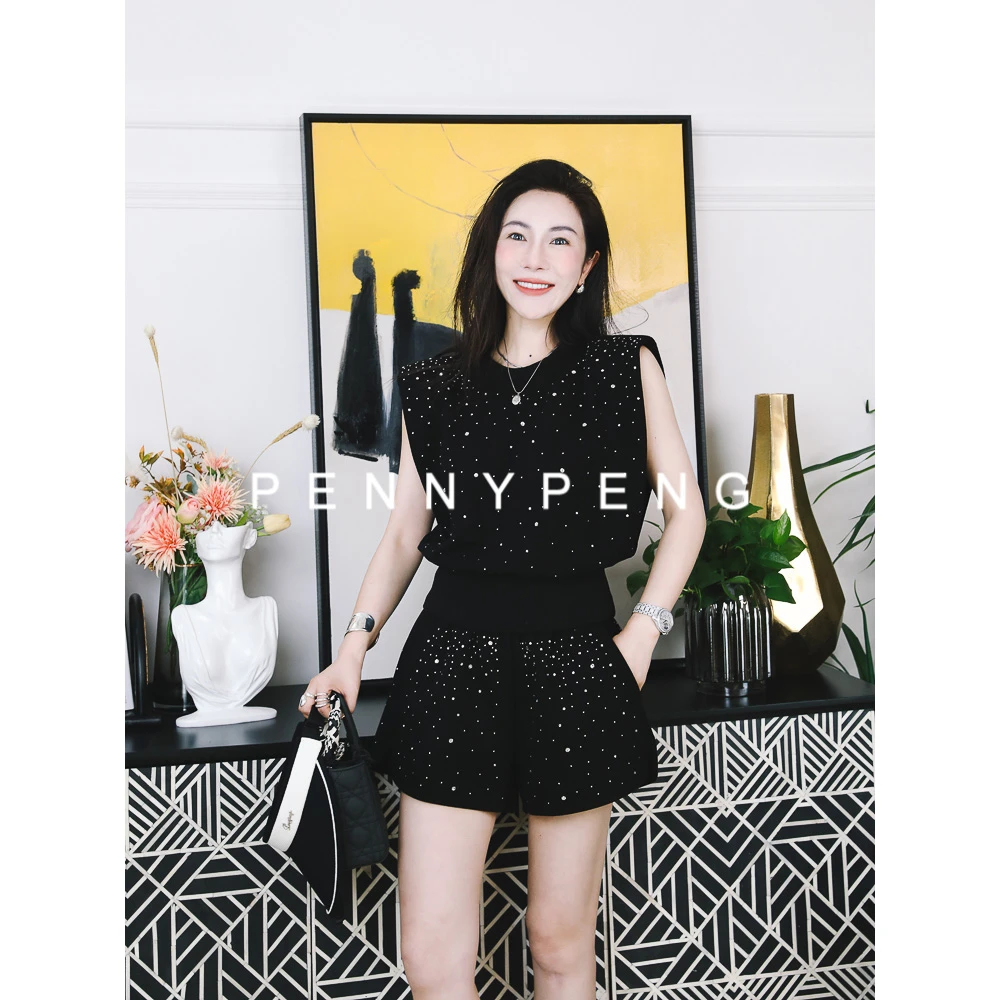 PENNY PENG散落星光显瘦气质洋气休闲时尚春游出行两色烫钻短裤