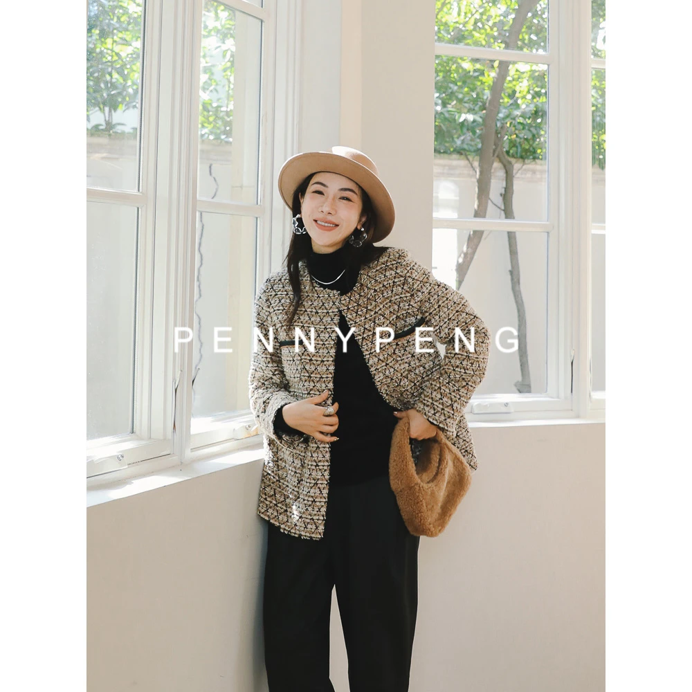 PENNYPENG东京女主气质复古早春百搭米咖色菱格拼皮小香风外套