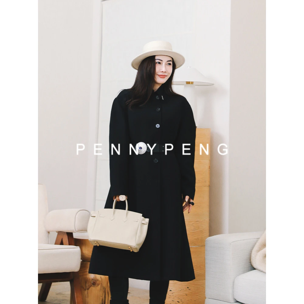 PENNYPENG罗马假日显瘦黑色时尚早春全羊毛腰带长款气质风衣外套