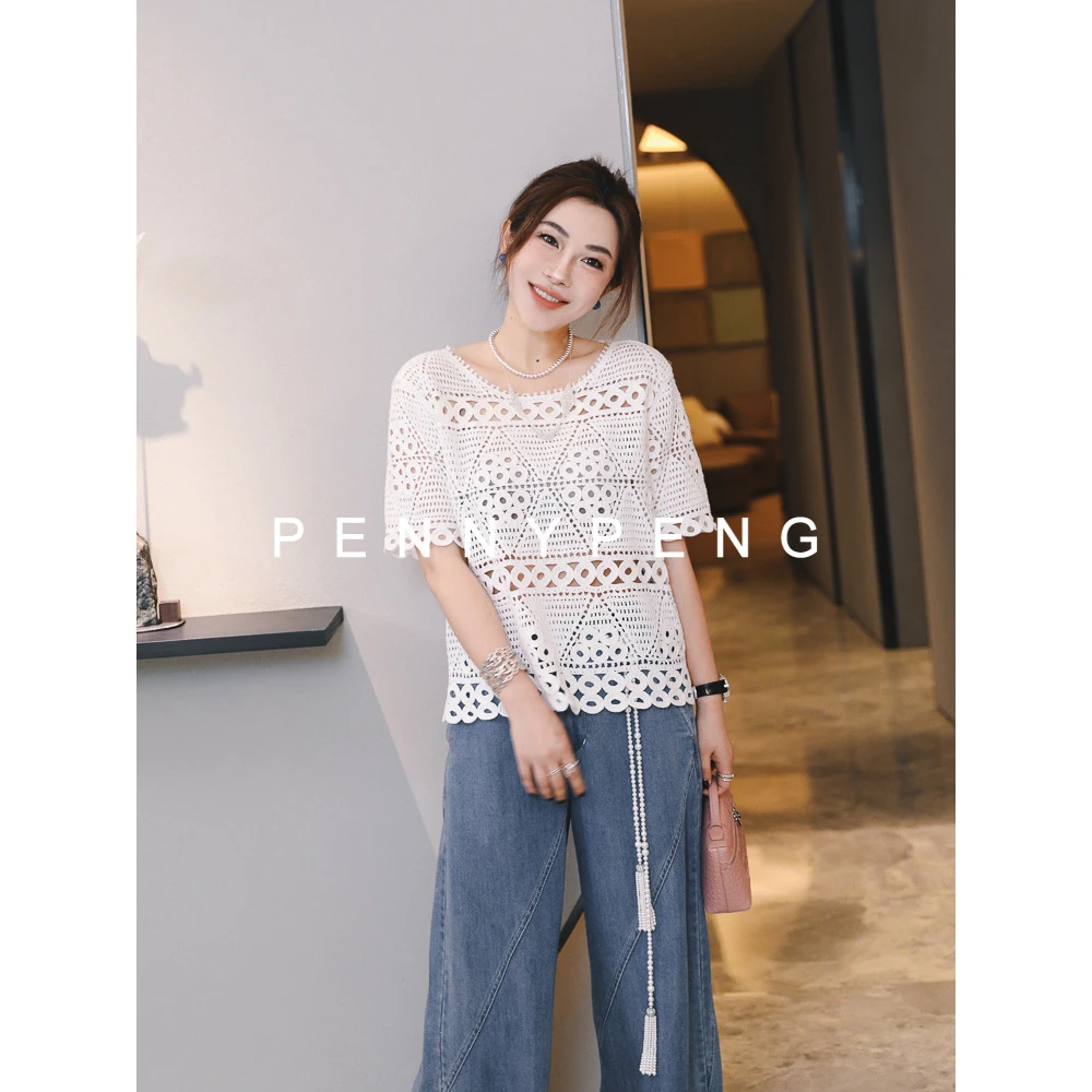 PENNYPENG茉莉小调欧若风气质开叉春季全件仿手勾圆领女短袖显瘦