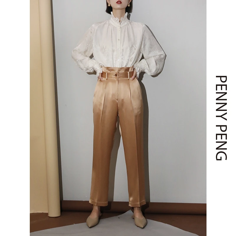PENNYPENG双缎面气质时尚早春设计师复古小众宽松通勤香槟金西裤