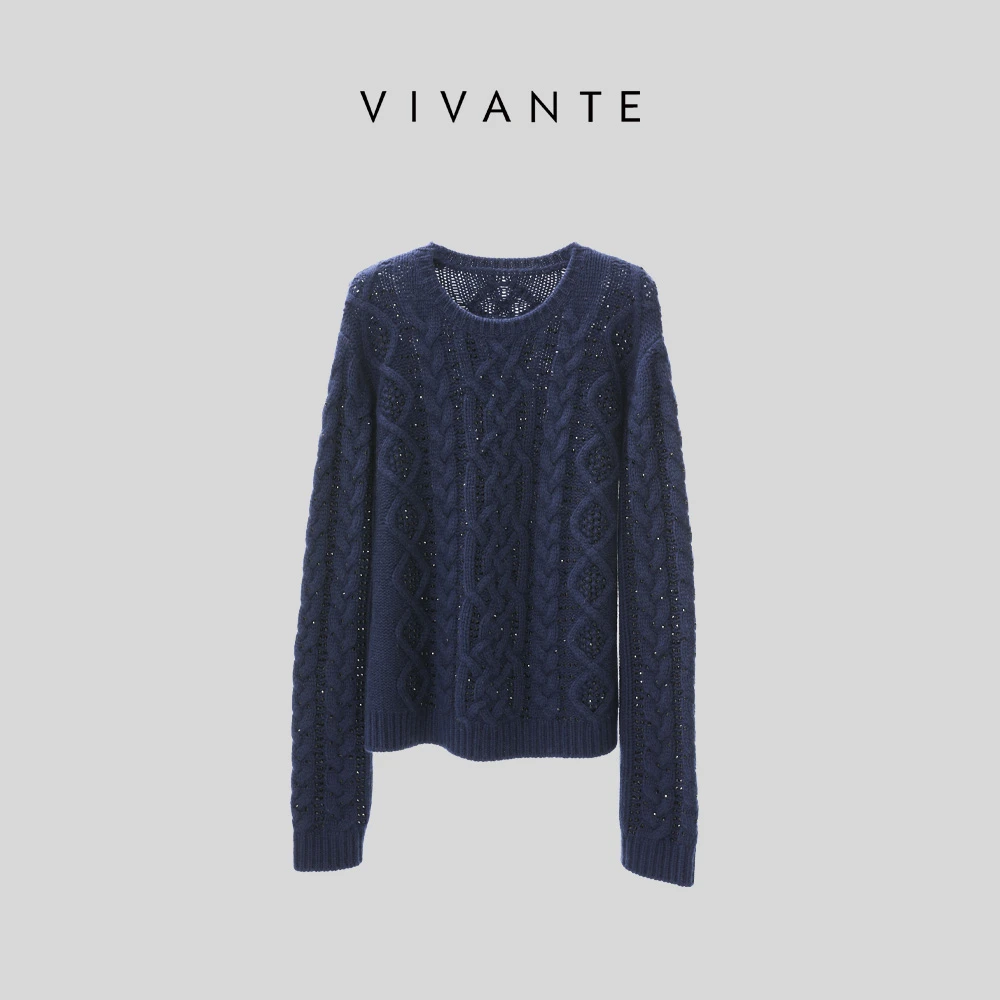 PENNY PENG人鱼泪早春百搭气质轻奢时尚设计师蓝色烫钻绞花毛衫