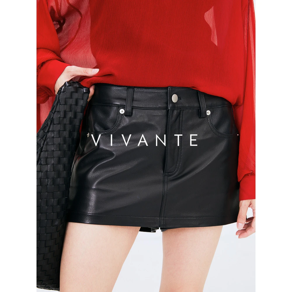 PENNY PENG新宠【现货】春季设计感不规则黑色高腰显瘦A字皮裙裤