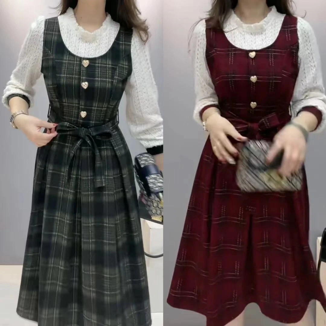 格子显瘦时尚长款连衣裙