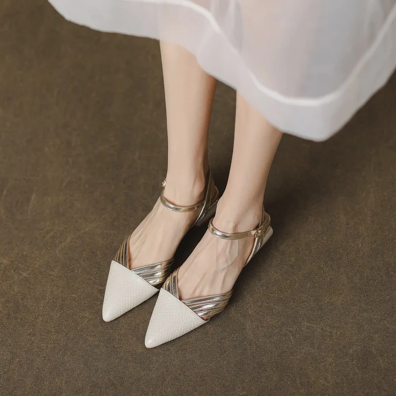 【牛皮＋2024夏季新款轻奢百搭凉鞋女尖头一字扣带粗跟时尚