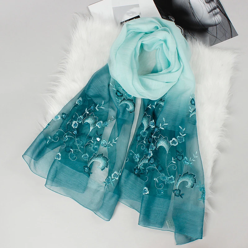 【亮片刺绣-绿】丝毛羊毛围巾 195*68