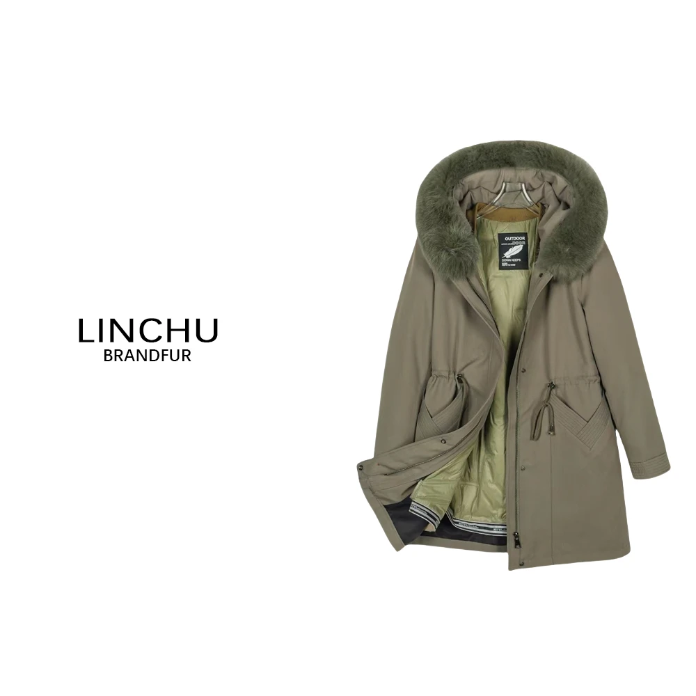 【流金岁月】白鸭绒兔毛皮草双层保暖内胆狐狸毛领连帽女士派克服