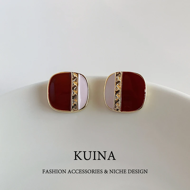 铜合金耳饰 过年红色几何耳钉女士高级感耳扣925纯银针耳环64637