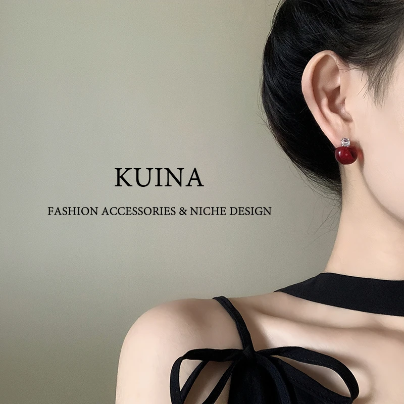 铜合金耳饰 法式新款红色圆形耳钉轻奢大气高级感耳环耳饰51329