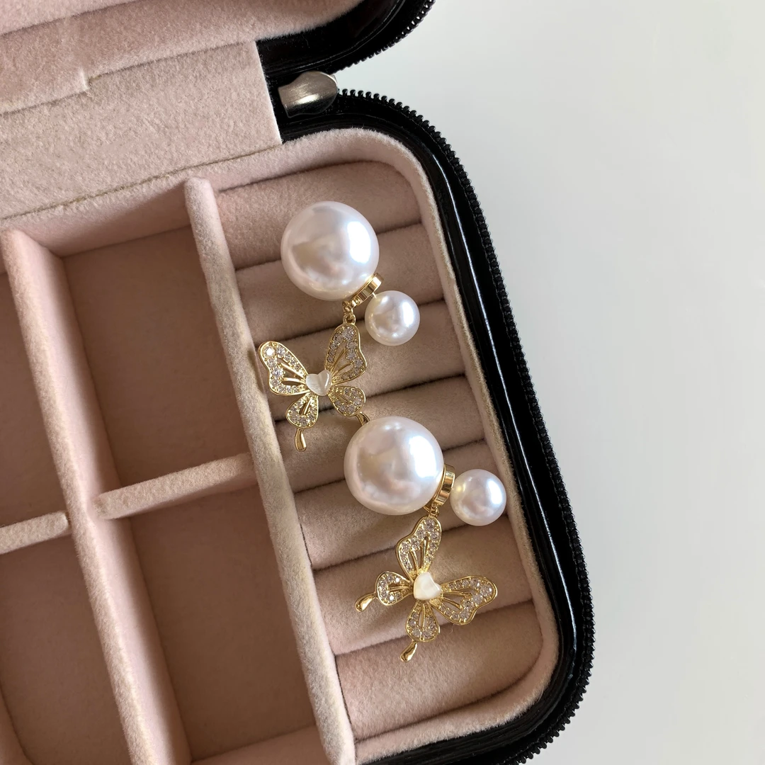 铜合金耳饰 法式蝴蝶珍珠耳钉新款精致小巧百搭简约耳环0121139