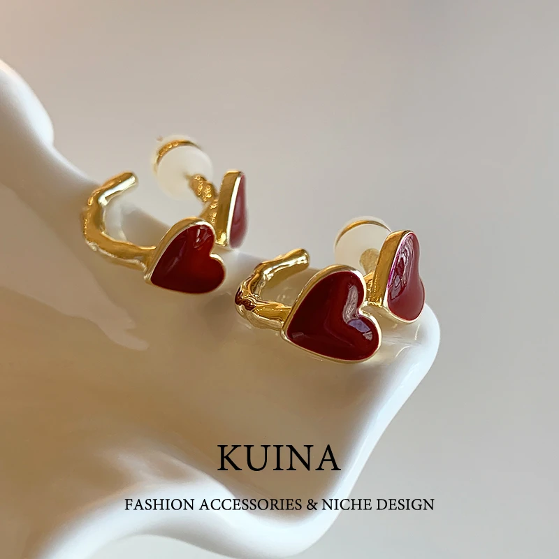 铜合金耳饰 新款红色爱心耳钉百搭清新耳环时尚简约气质耳饰30437