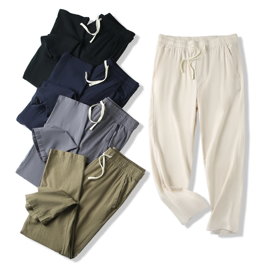 百搭夏季舒适透气竹节棉亚麻砂洗工艺男女情侣款轻薄宽松休闲长裤