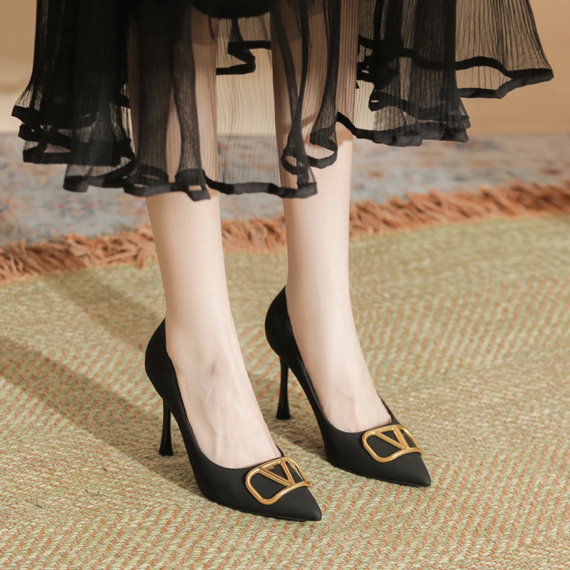 尖头高跟鞋法式性感细跟高跟鞋单鞋浅口方头细跟单鞋百搭时尚