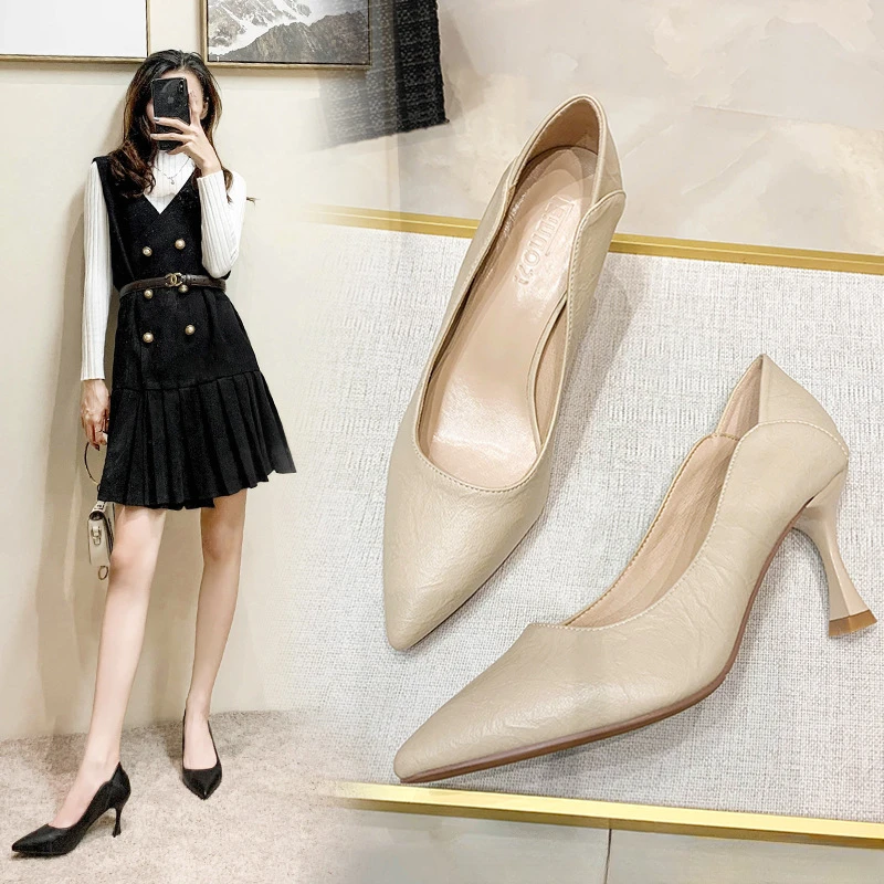 2025秋季新款百搭尖头浅口两穿时尚工作鞋黑色皮鞋女四季高跟单鞋