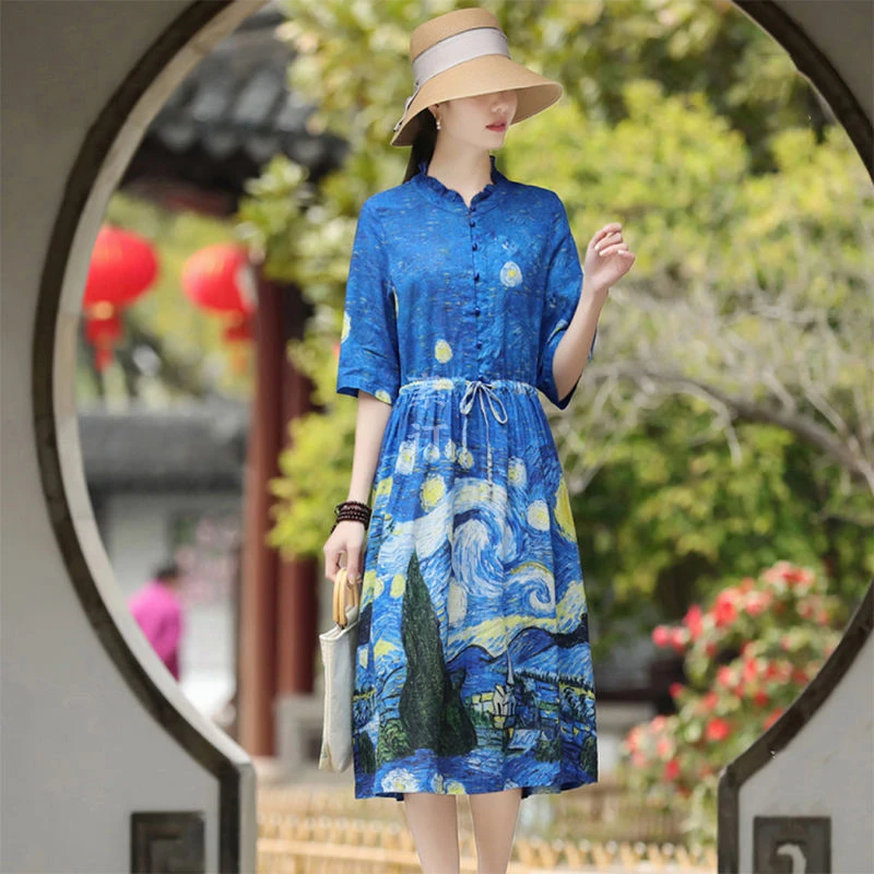 轻奢棉麻连衣裙2023印花a字显瘦夏气质名媛梵高星月浣茜纱