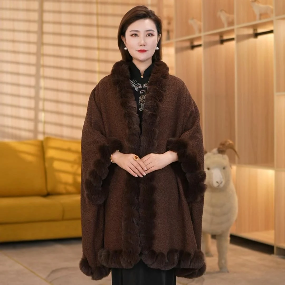 冬季新款加绒加厚斗篷披肩外搭中长款七分袖保暖披肩9015