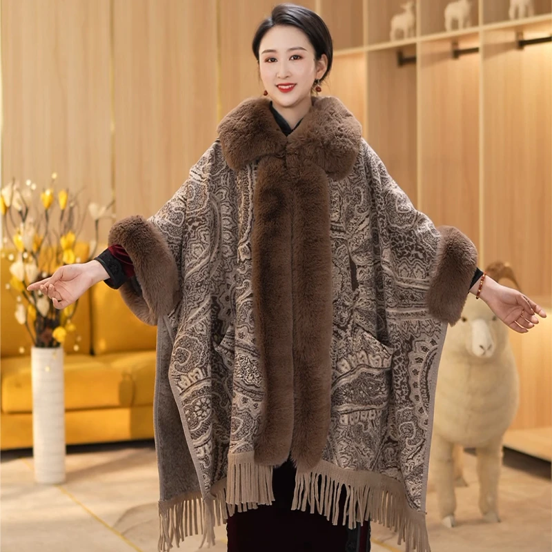 何大小姐秋冬季毛领披肩针织开衫流苏斗篷宽松外套百搭女装7035