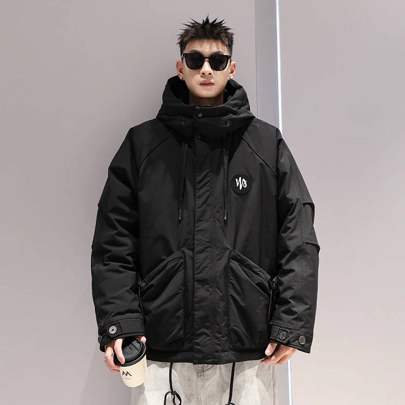 有术90白鸭绒刺绣工装连帽羽绒服男款冬季设计感潮牌休闲宽松外套