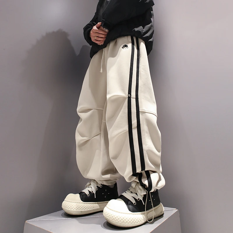 有术条纹褶皱加厚裤子男冬季潮牌2024新款大码宽松刺绣直筒休闲裤