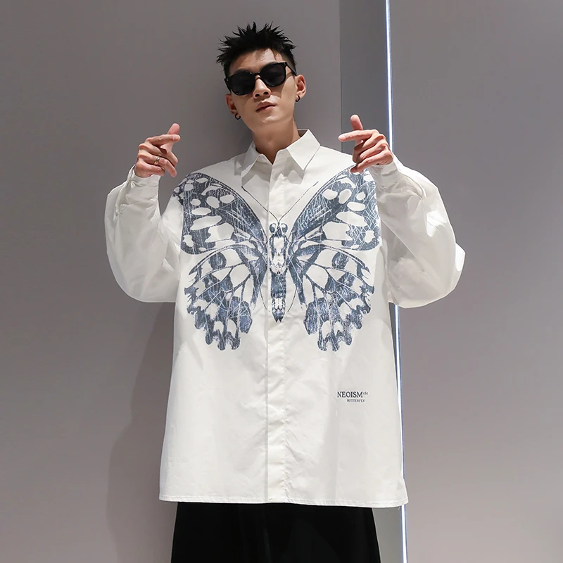 有术印花白色衬衫长袖男款秋季潮牌美式痞帅情侣休闲宽松衬衣外套