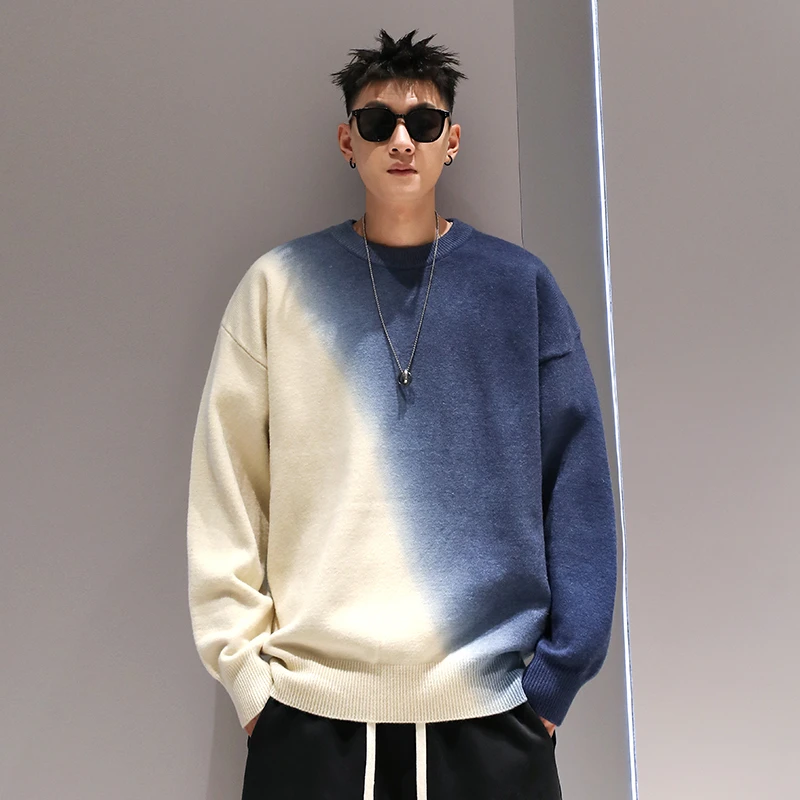 有术渐变圆领毛衣男秋冬氛围感美式潮流设计感休闲宽松针织衫外套